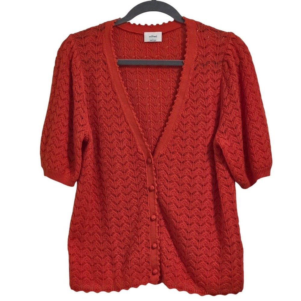 Aritzia Wilfred Fika Cardigan Women's Large Orange Merino Wool Blend Puff Sleeve
